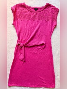 Talbots Petite Bright Pink Knit Tie-Waist Dress with Eyelet Yoke